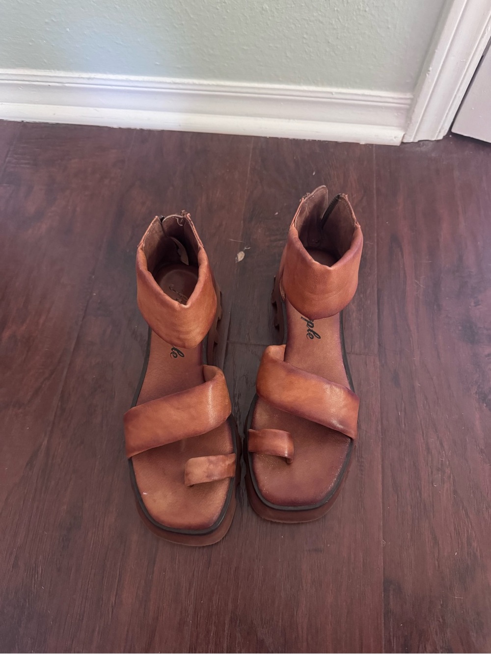 Free People Tan Leather Ankle-Strap Sandals